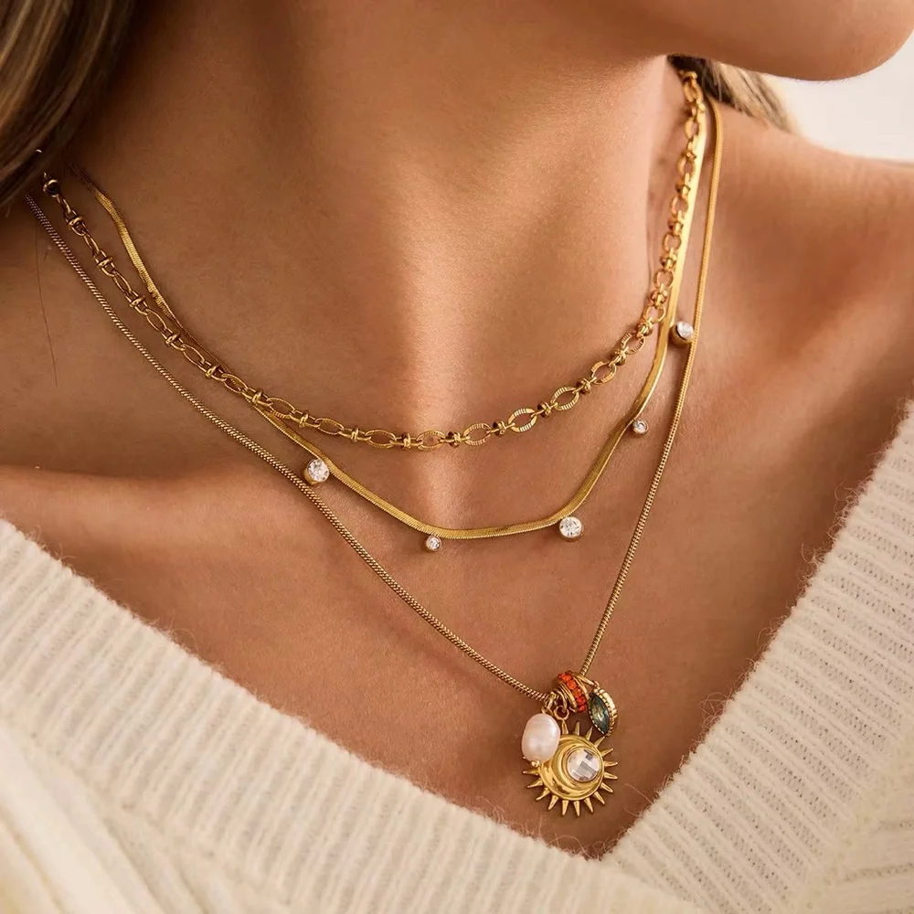 18K Gold Plated Sun Pearl and Gemstone Charms Nekclace - Picture 3 of 8